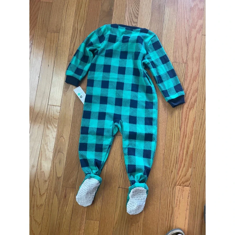 Carters 24M Teal Navy Buffalo Check Yeti Fleece Footed Sleeper Pajamas NWT